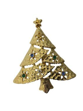 Metal Vintage Gold Tone Colorful Rhinestone Christmas Tree Brooch Pin